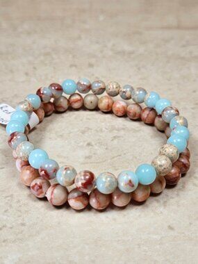 Red Spider Jasper & Caribbean Calcite Bracelet Set Boho Crystal 6mm